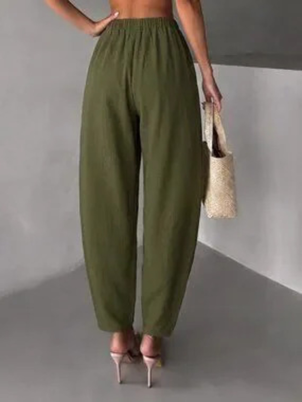 Olive Green Casual Women's Textured Fabric Loose Tapered Leg Pants